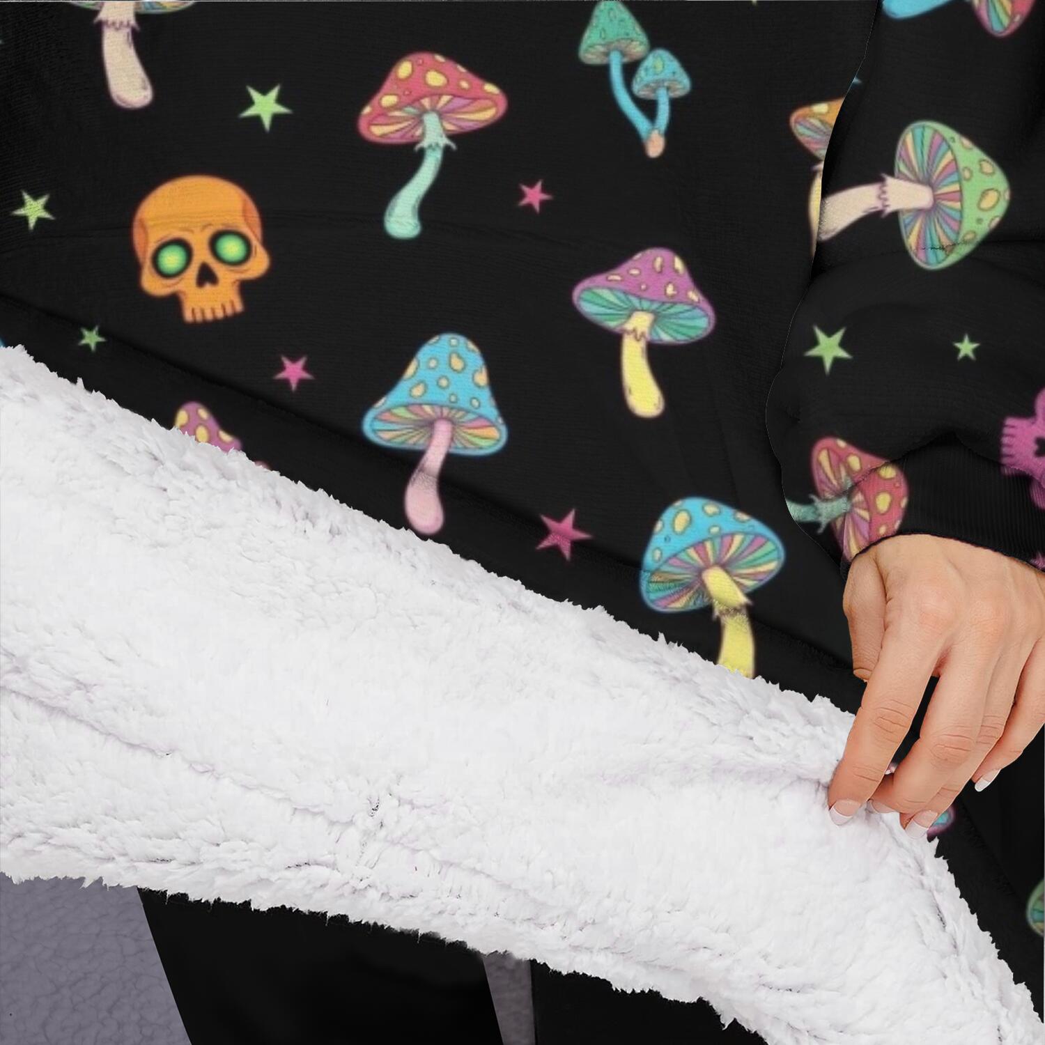 Oversized Wearable Blanket Hoodie,Black Colorful Skull Mushroom Pattern Sherpa Blanket Hoodie with Super Pockets,Super Warm Fuzzy Pullover for Women & Men
