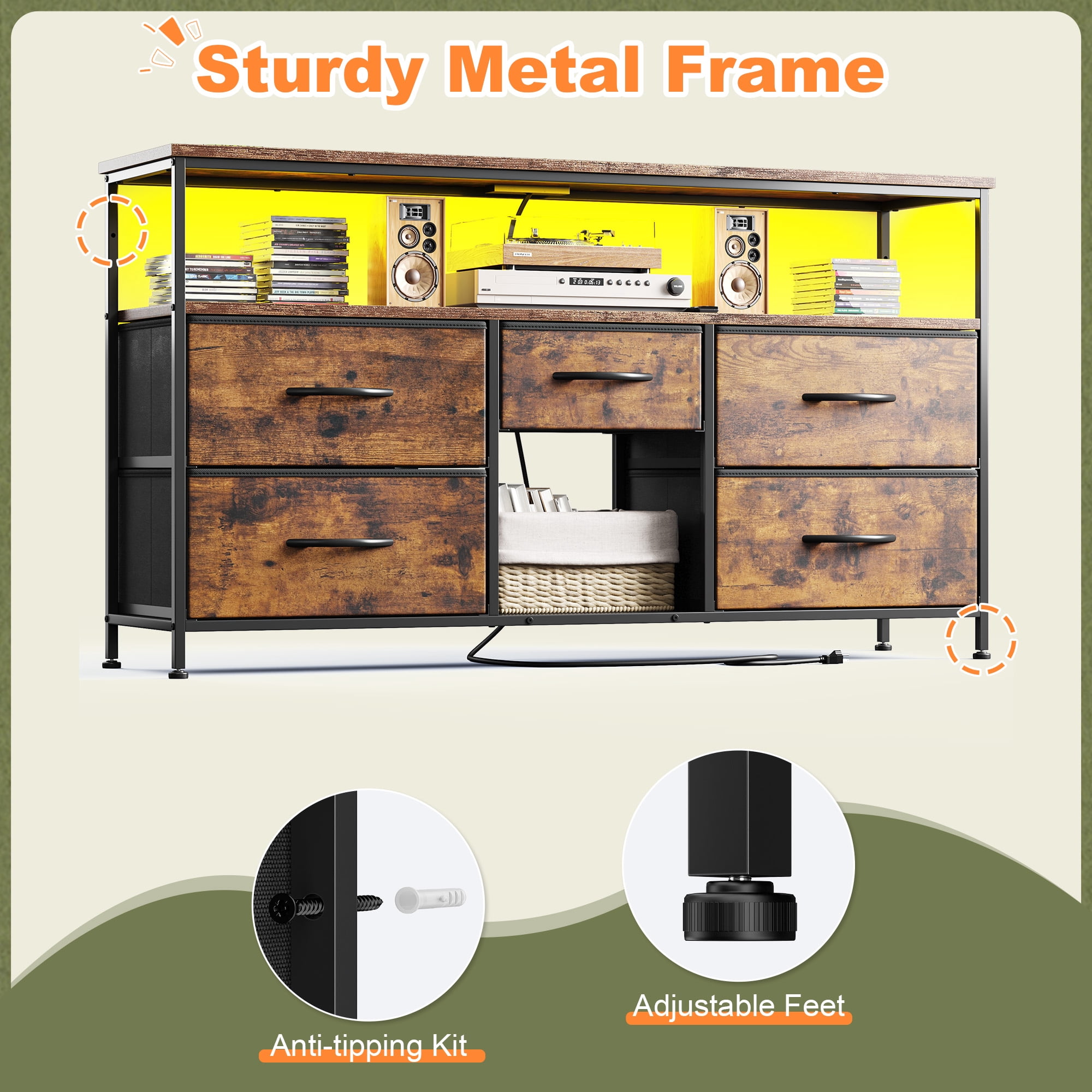Romorgniz Wide Dresser with 5 Drawers for 50" TV Stand with Power Outlets & LED Lights & Entertainment Center,Dressers for Bedroom with Shelves for Living Room, Sturdy Metal Frame, Rustic Brown