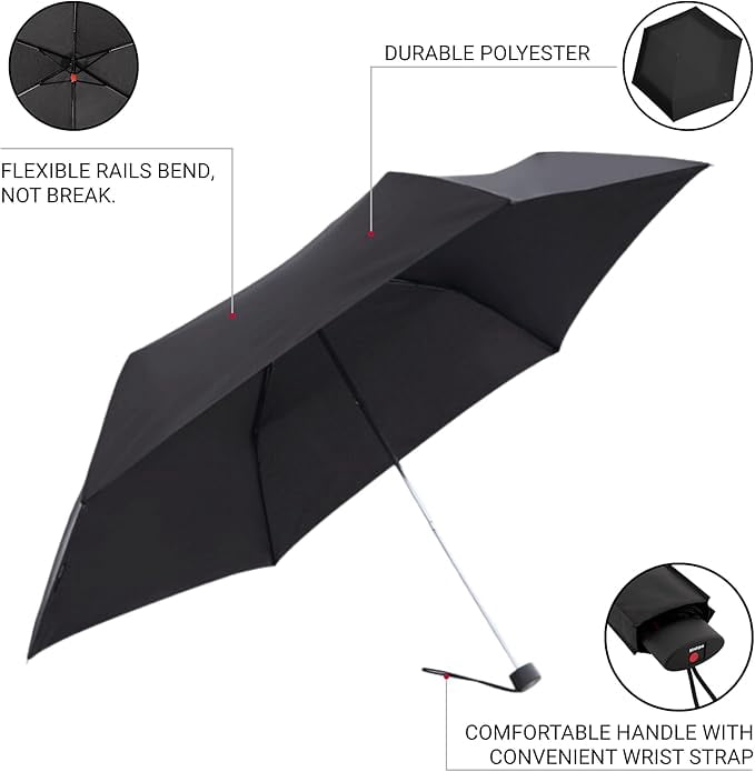 Knirps AS.050 Slim Manual Folding Rain Umbrella in Black – 38" Lightweight Fiberglass 6-Rib Pocket Canopy, Ultra-Compact 6.7oz Travel Size Design, Durable Steel Frame, Travel Case Included