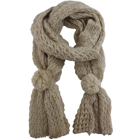 Tan Knit Shawl Wrap With Pom-Pom Ties