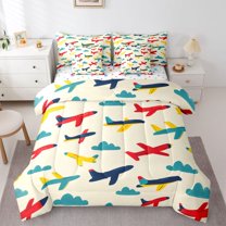 Homewish Teens Vehicle Helicopter Bedding Comforter Set 7pcs, Retro Cartoon Airplane Queen Bedding Sets, Dreamy Fairy Tale Reversible Queen Sheet Sets, Super Cozy Room Decor