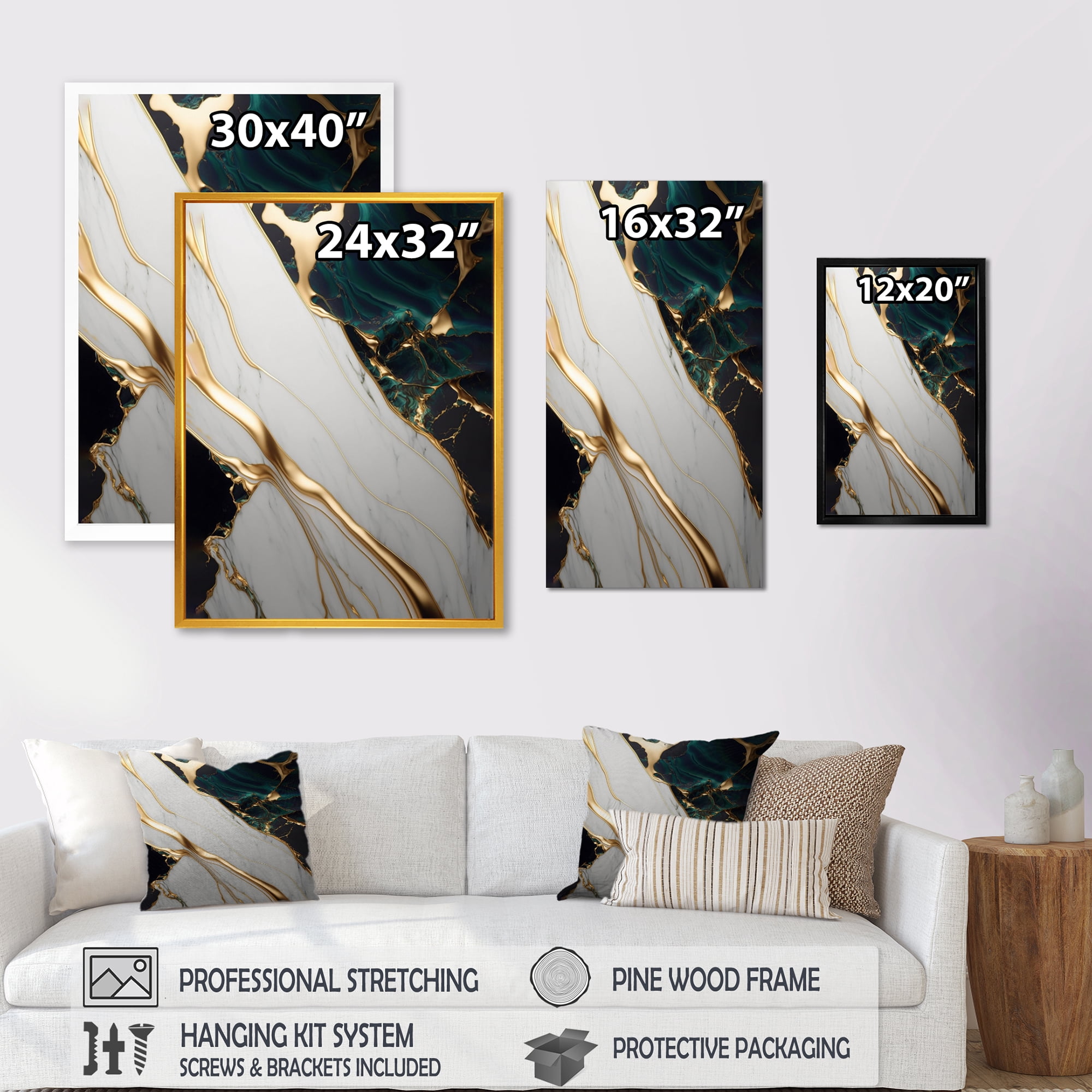 Designart Abstract Geode Gold And Green Marble II Canvas Wall Art