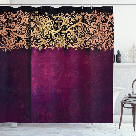 Ambesonne Vintage Shower Curtain, Folk Art Lacy Flowers, 69"Wx75"L, Dark Magenta Plum and Almond