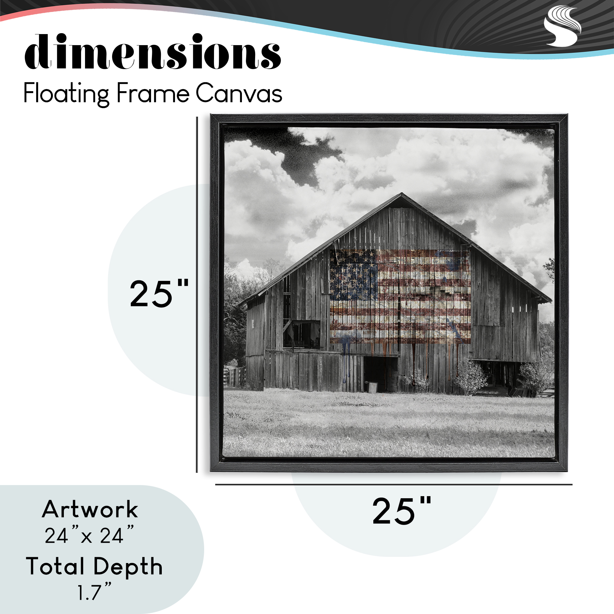 USA Flag Monochrome Barn Black Framed Floater Canvas Wall Art, design by Decent Exposures