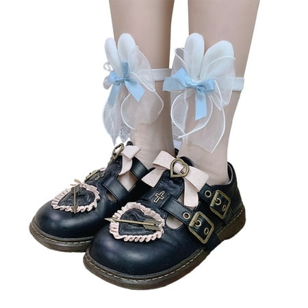 

Japanese Women Girls Transparent Glass Fiber Crew Socks Sweet Lolita Kawaii Rabbit Bunny Ears Ribbon Bow Silky Hosiery