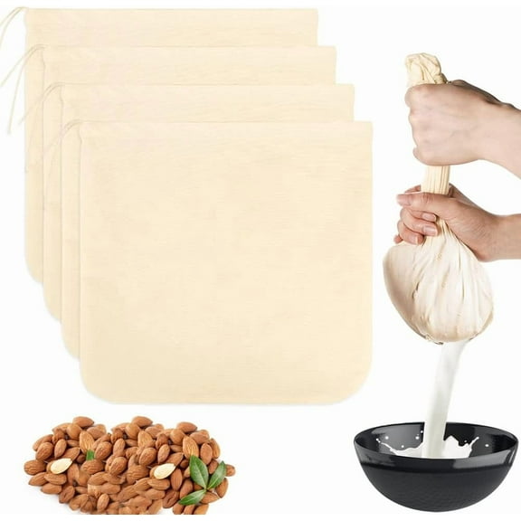 SONGAUN 4 Pack Nut Milk Bags, 12"x12" Unbleached Cotton Cheesecloth Bags Reusable Nut Milk Bag Cheese Cloths Strainer Bags for Almond, Cheese, Yogurt, Juice, Tea, Wine, Soup