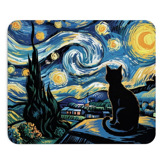 Black Cat in Van Gogh Starry Night Mouse Pad 9.2"x8" – Artistic Design, Non-Slip Rubber Base, Unique Office Desk Accessory