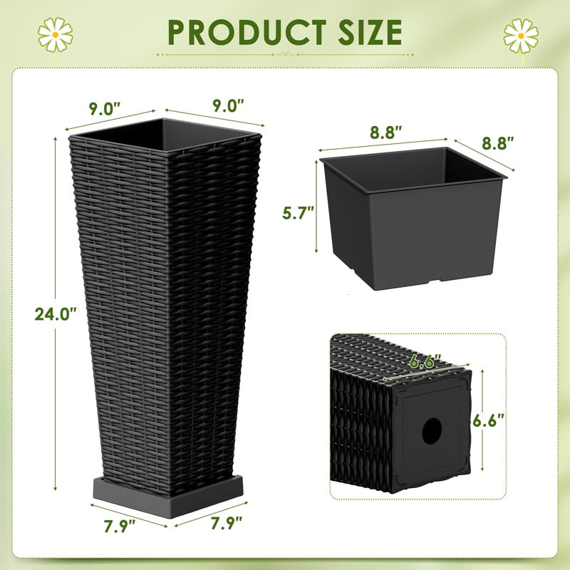 Homall 2-Pack 24" Tall Outdoor Plastic Planters with Inside Pots, Drainages and Trays, Rattan - Patterned for Patio Decor
