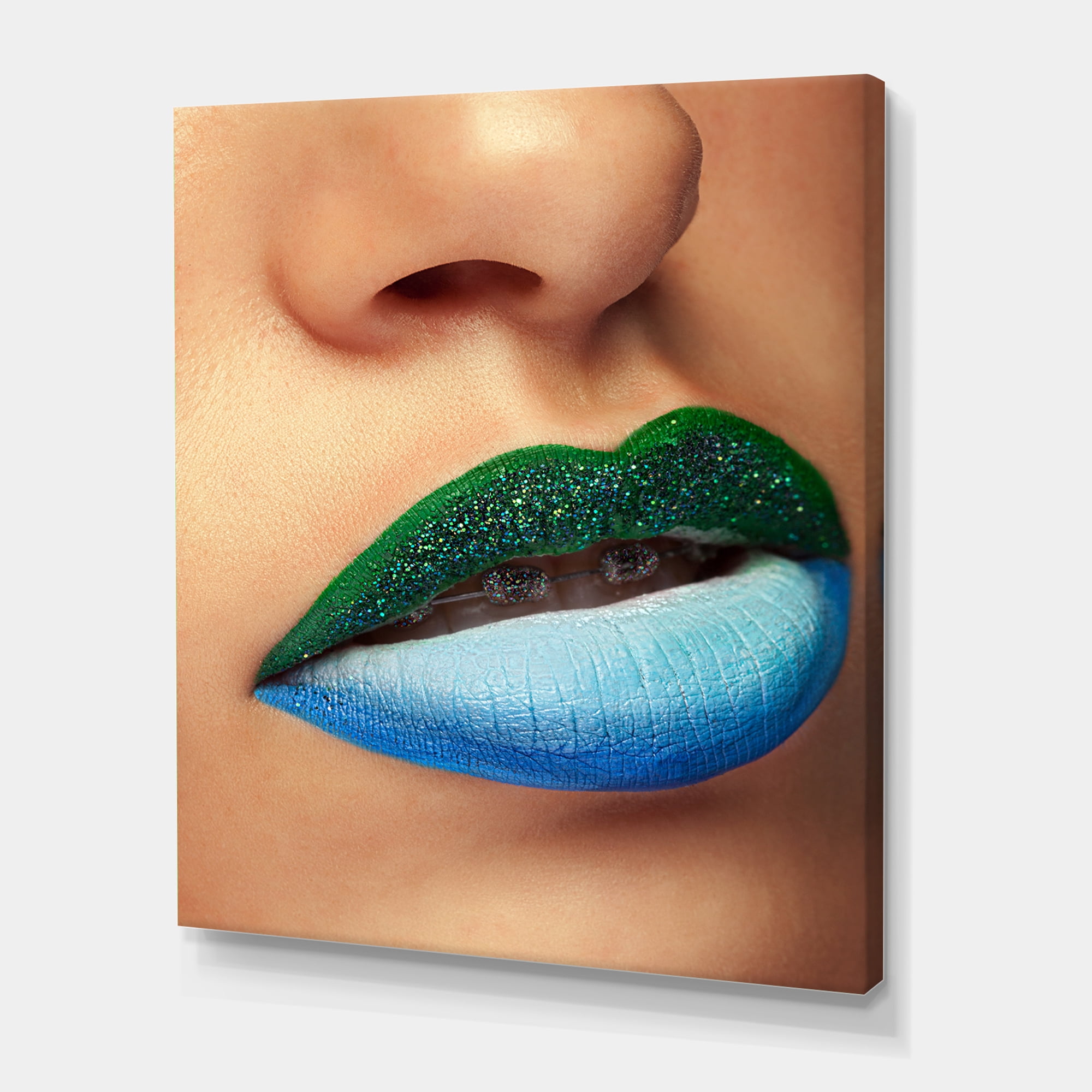 Designart ' Close Up Woman Lips With Fashion Make Up and Brackets ' Modern Canvas Wall Art Print