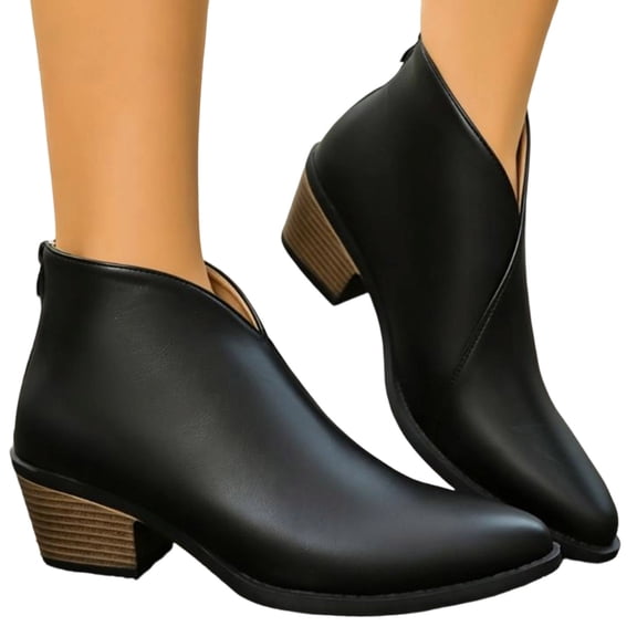 Rokment Dress Ankle Boots for Women Ladies Vintage V-Cutout Leather Pointed Toe Chunky Stacked Mid Heels Short Booties Business Office Fall Winter