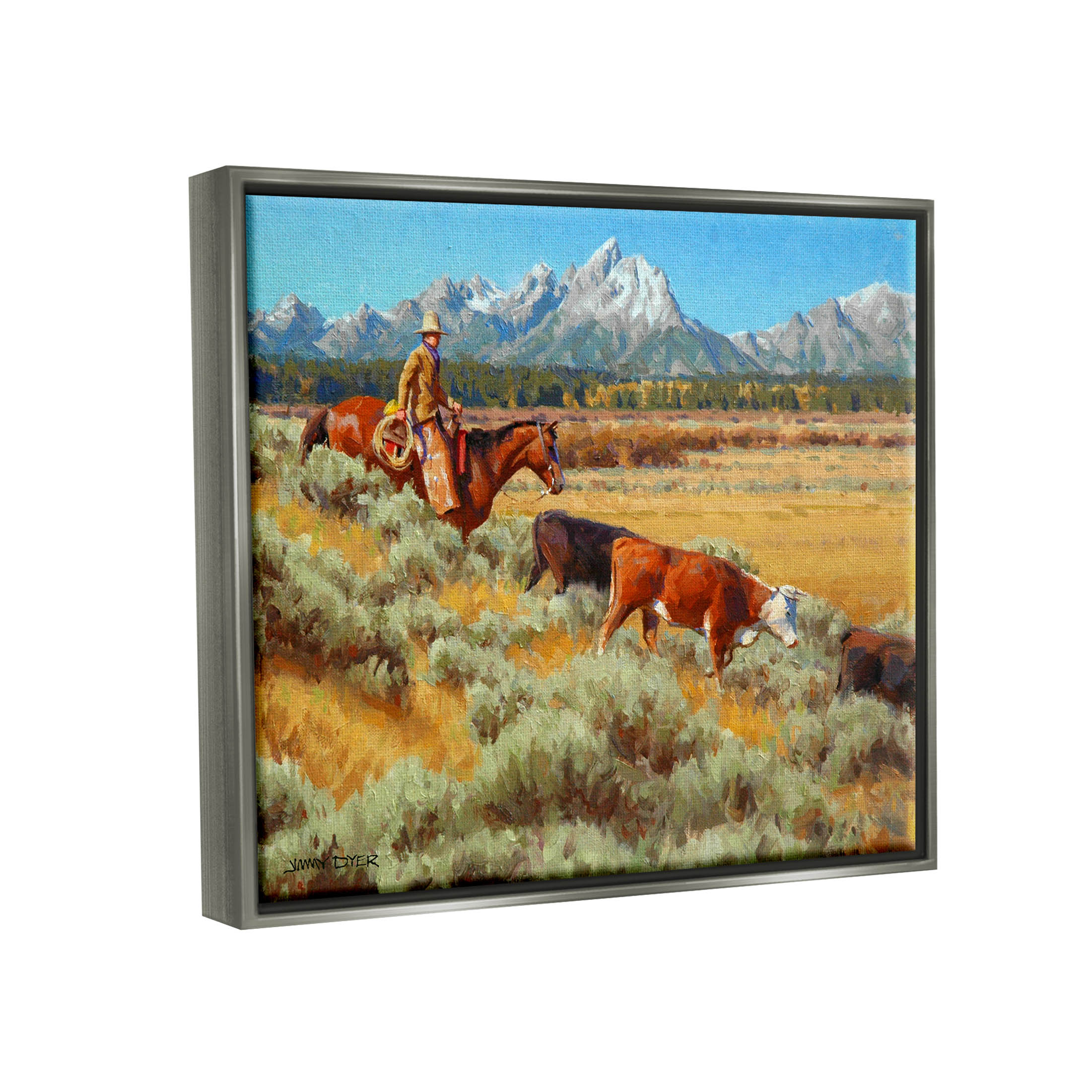 Western Ranch Horse Cattle Animals & Insects Painting Luster Gray Framed Art Print Wall Art