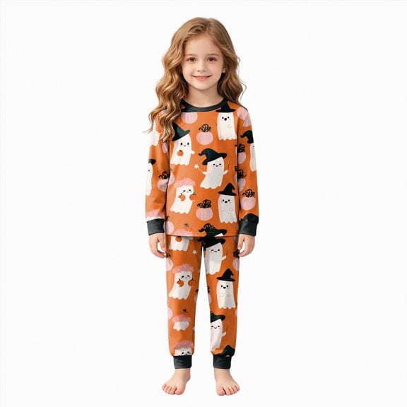 TOWED22 Toddler Girls Boys Halloween Pumpkin Pajamas Cotton Pjs for Boy Jammies Little Kids Sleepwear Clothes Sets(Orange,5-6 Y)