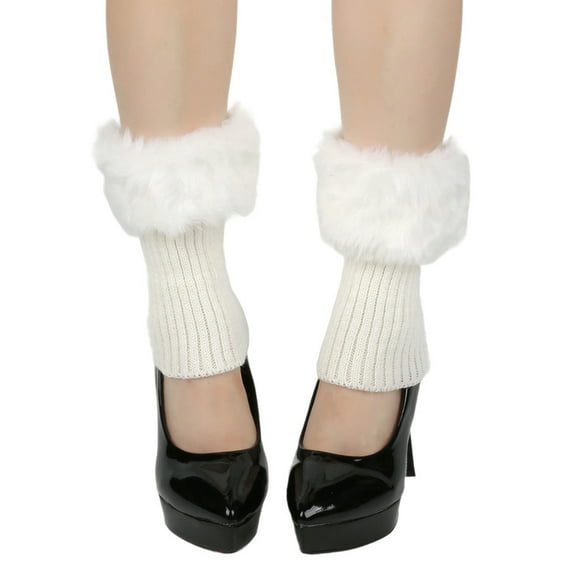 SYMOID White Leg Warmers for Women with Faux Faux Fur Cuff - Acrylic Knit, Warm for Fall Winter, Stretchy Cozy Fit for Female Calves,Size Free Size
