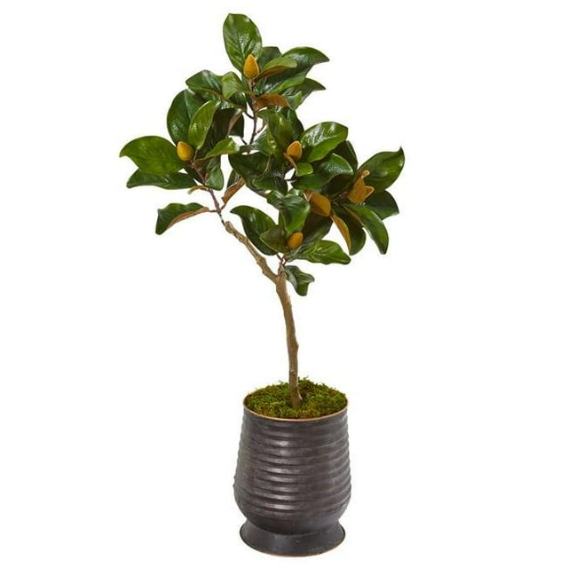 Nearly Natural 9635 46 in. Magnolia Leaf Artificial Tree in Ribbed Metal Planter