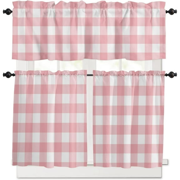 3 Pieces Kitchen Curtains & Valances Set, Valentines Day Plaid, Short Curtain Rod Pocket Window Curtain, Pink White Check, Window Treatment Tiers Valances (Single Panel 54"x18",2 Tiers 27.5"x24")