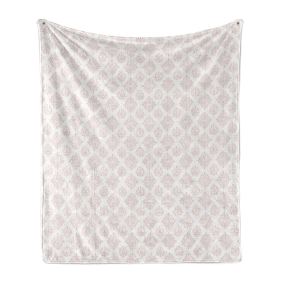 Damask Soft Flannel Fleece Throw Blanket, Classical Monochrome Floral Curvy Ornaments Minimalistic Continuous Pattern, Cozy Plush for Indoor and Outdoor Use, 50" x 60", Rose and White, by Ambesonne