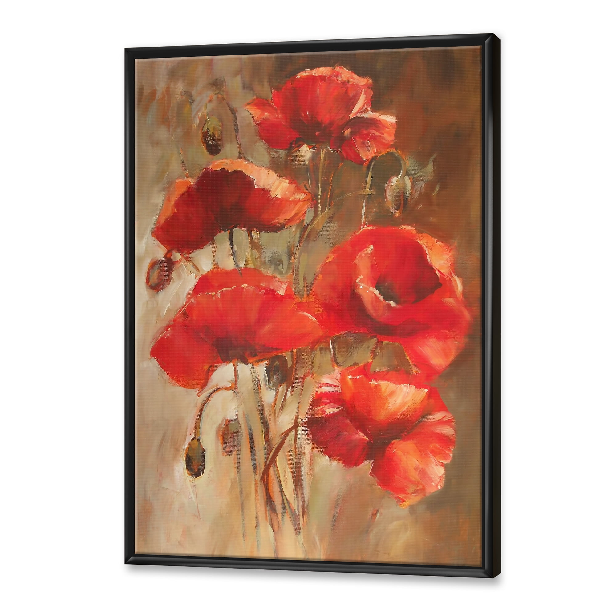 Red Blossoming Poppies Over Wild Brown II 16 in x 32 in Framed Painting Canvas Art Print, by Designart
