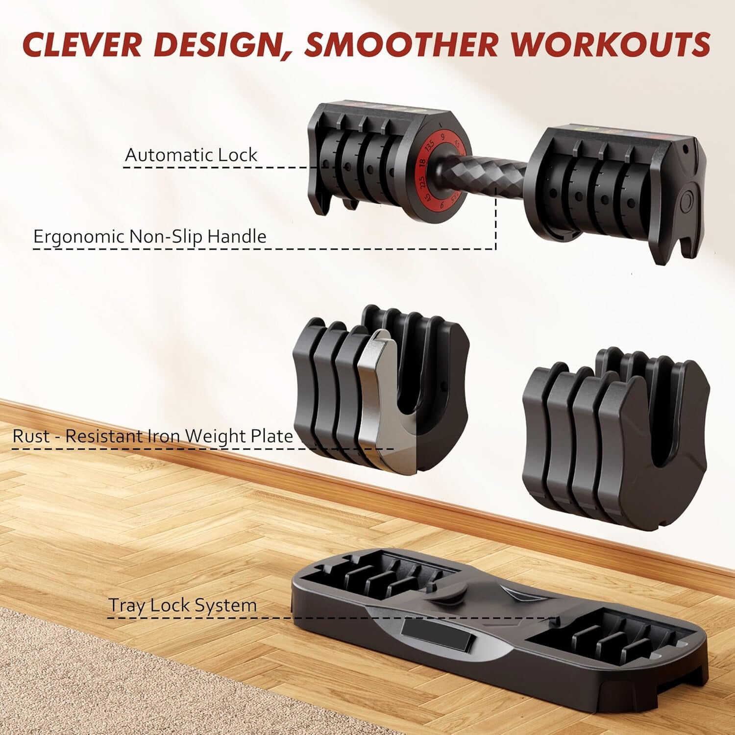 Exercise Equipment Adjustable Dumbbell Set of 22.5LB Set-1Sec Adjustable Dumbbell Weights-5 in 1 Free Weights Dumbbells Set with Effortless Tray/No-Slip Handle-Compact Size for Women/Men at Home Gym,
