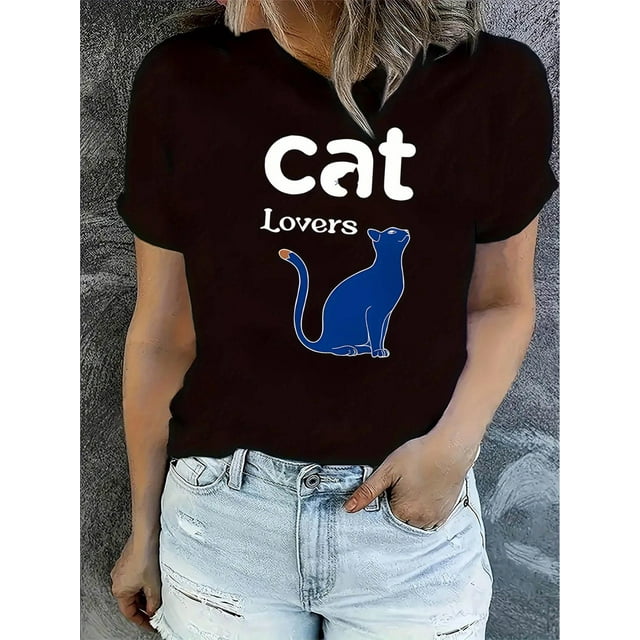Camiseta Ligera de verano para mujerCreative Cat Print T-Shirt, Casual Short Sleeve Crew Neck Polyester Tee, Women'S Fashion Trendy Sports Tops, Medium Stretch, 180g/㎡, All SeasonFather's Day, Mothe