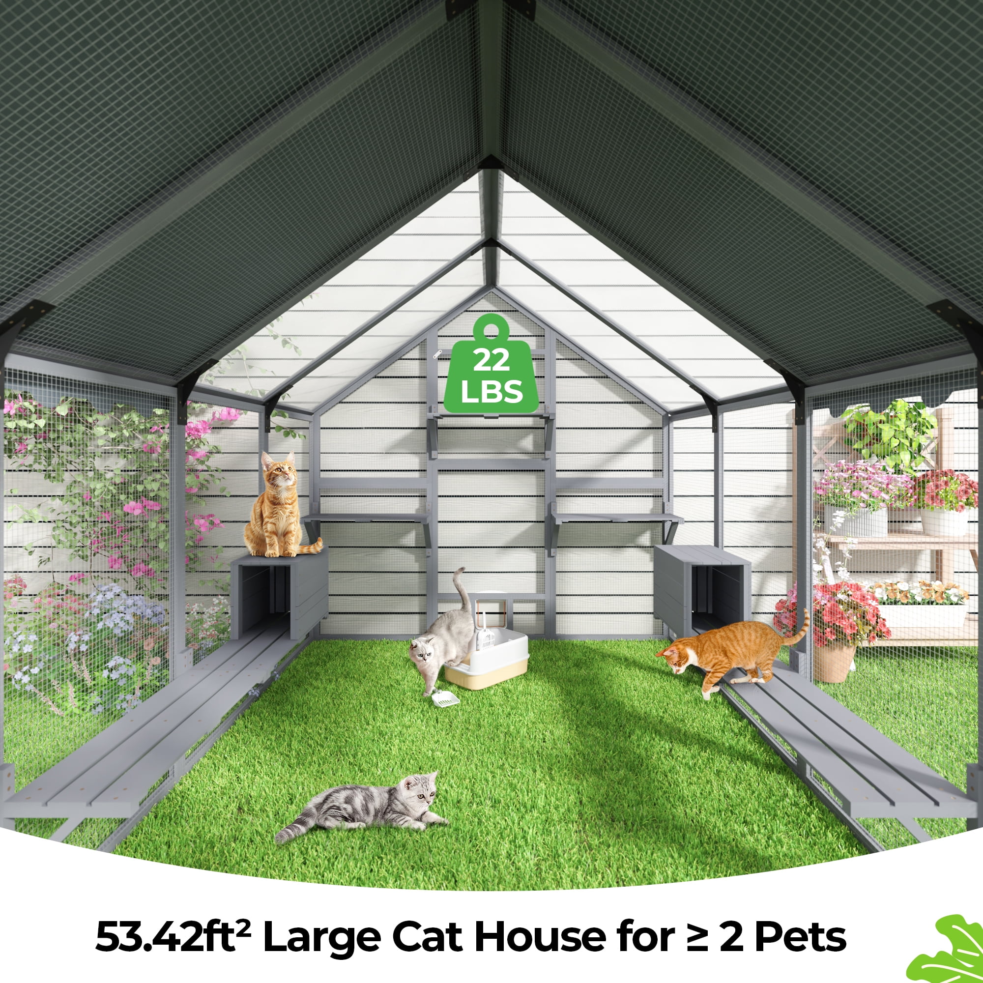 COZIWOW 108'' Super-Large Cat Catio Outdoor Wooden Cat Enclosure with Platforms, Condos, Bridges, Walk-in Door