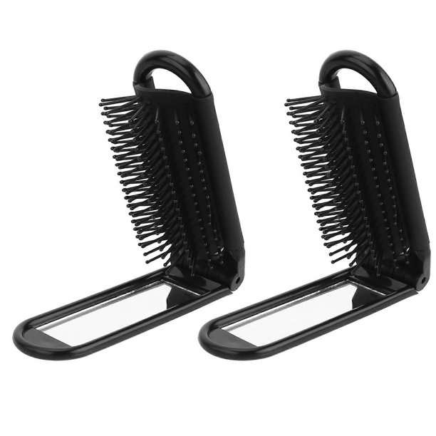 Cepillo de pelo plegable de 2 piezas con espejo, cepillo de viaje compacto para bolso o gimnasio – Negro