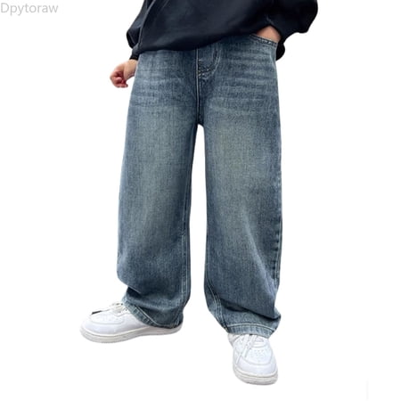 Dpytoraw Boys Jeans Kids Baggy Elastic Waist Wide Leg Denim Pants with Pockets Size 4-5 Years