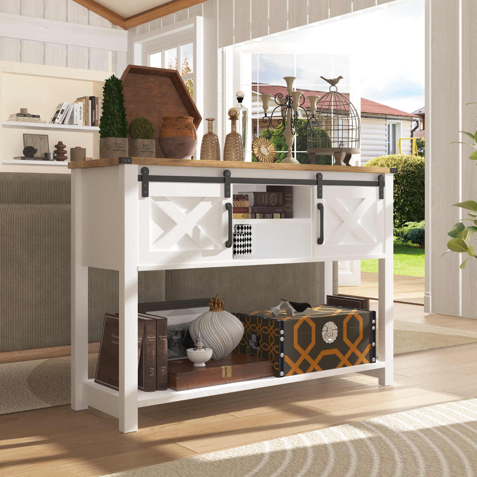 EVOKEDEN Farmhouse Entryway Table w/ LED Light & Sliding Barn Door, Adjustable Open Shelves, Antique White Hallway for Living Room Bedroom