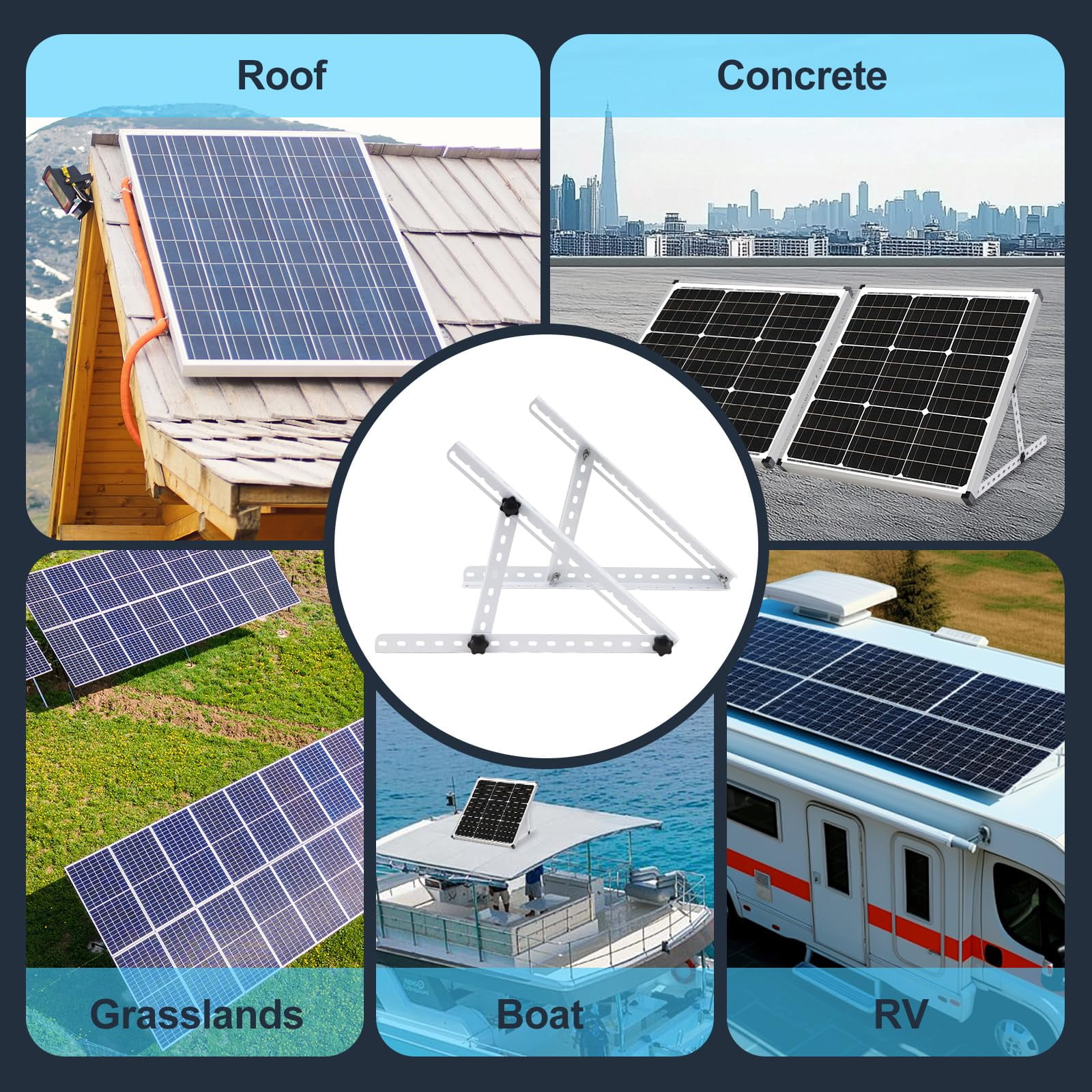 AEASKIEY Solar Panel Mount, 16" Adjustable Stand with Foldable Tilt Legs Solar Ground Mount for 1-2pcs 50 100 Watt Portable Solar Panel for RV, Roof, Boat, and Off-Grid, White