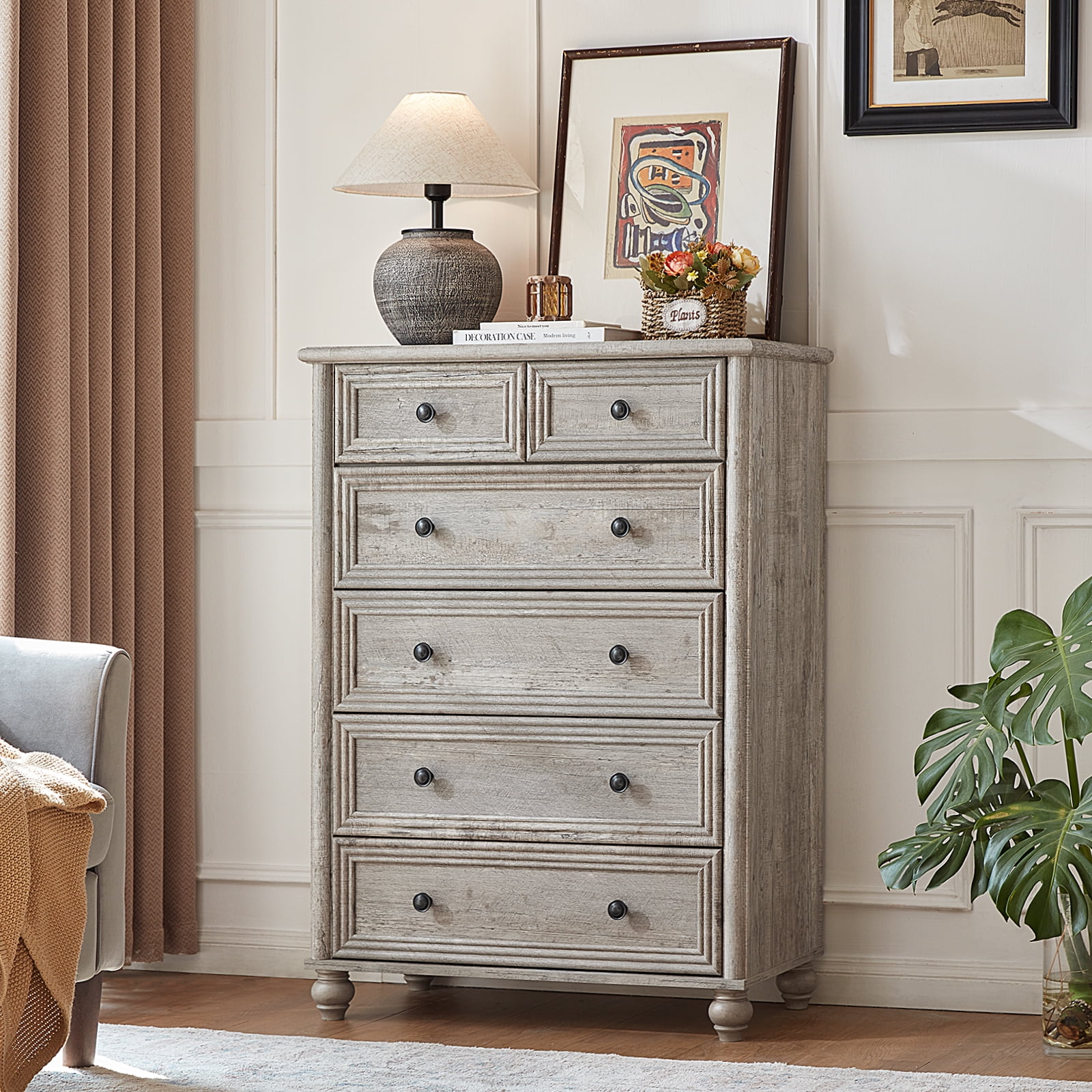 LELELINKY Farmhouse 6 Drawer Dresser, 43.5" Tall Chest of Drawers for Bedroom, Wood Storage Dressers Organizer for Living Room Hallway Closet, Grey