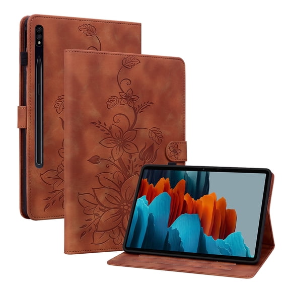 XYX for Samsung Galaxy Tab S7 Plus/S8 Plus/S7 FE/T730/T736/X800/X806 Case, PU Leather Slim Folio with Multi-Angle Stand, Brown Lily Flower