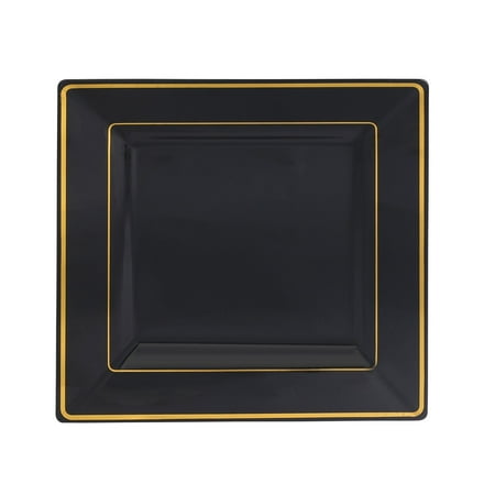 Black Rimmed Dinner Plate - Kaya Collection - Disposable Black with Gold Rim Plastic Square 9.5