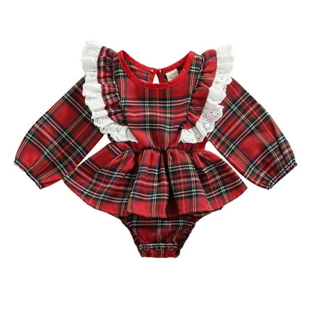 

Baby Girls Christmas Romper Dress Infant Printed Lace Ruffles Long Sleeve Jumpsuits Outfits
