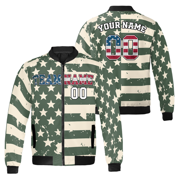 Custom Camo Military American Flag Bomber Jacket – Personalized Patriotic Camouflage Zip-Up Coat – Name & Number Jacket for Veterans & Teams