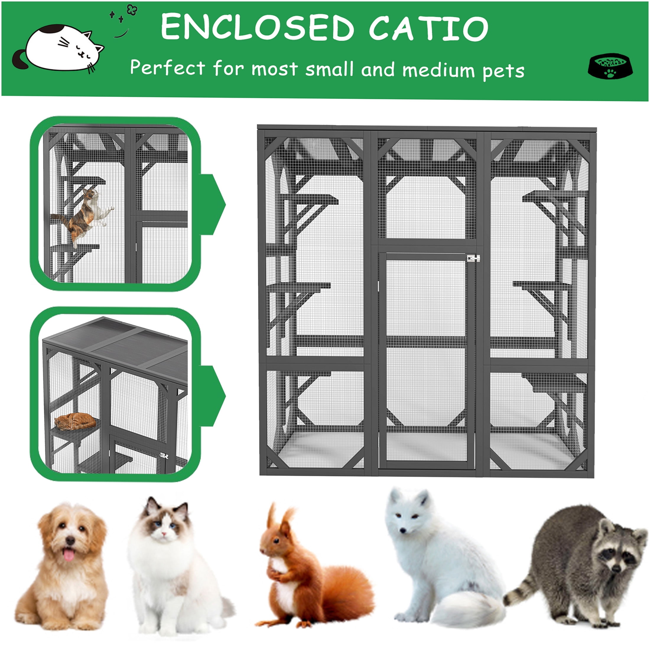 JERFIT 60" Large Outdoor Catio Enclosure with Waterproof Roof, 6 Multi-Level Platforms, Durable Wood & Wire Mesh Cage, Grey Cat House for Multiple Cats