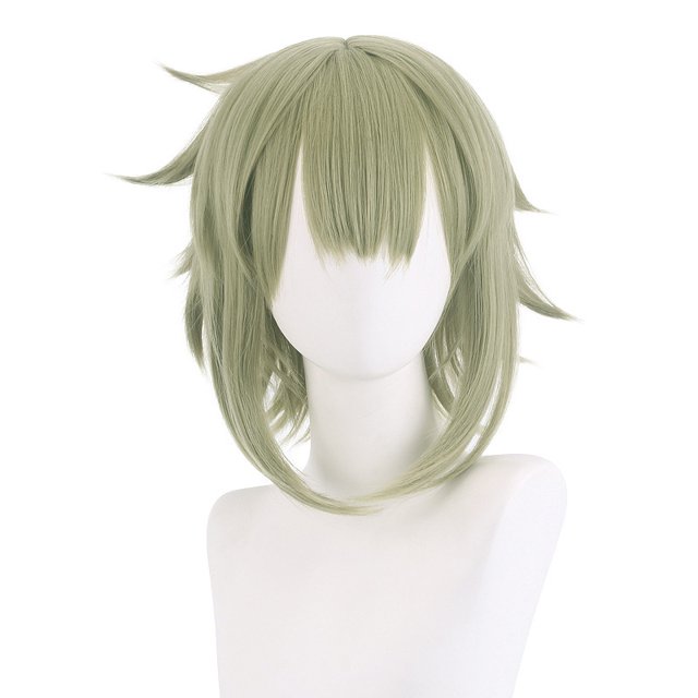Peluca para cosplay, color verde claro, corta, con flequillo, 35 cm de calor