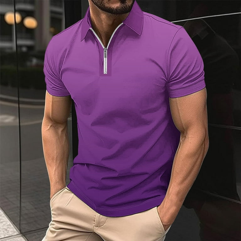 XMMSWDLA Men's Quarter Zip Business Casual Shirts Short Sleeve Muscle T  Shirt Purple Mens Graphic T-Shirts 