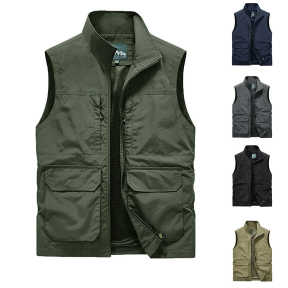 BiZtdJrK Casual Vests for Mens Lightweight Sleeveless Zip Up Cargo Vest Outdoor Work Hiking Travel Golf Vest with Pockets Back To School Prime Sales Army Green XXL