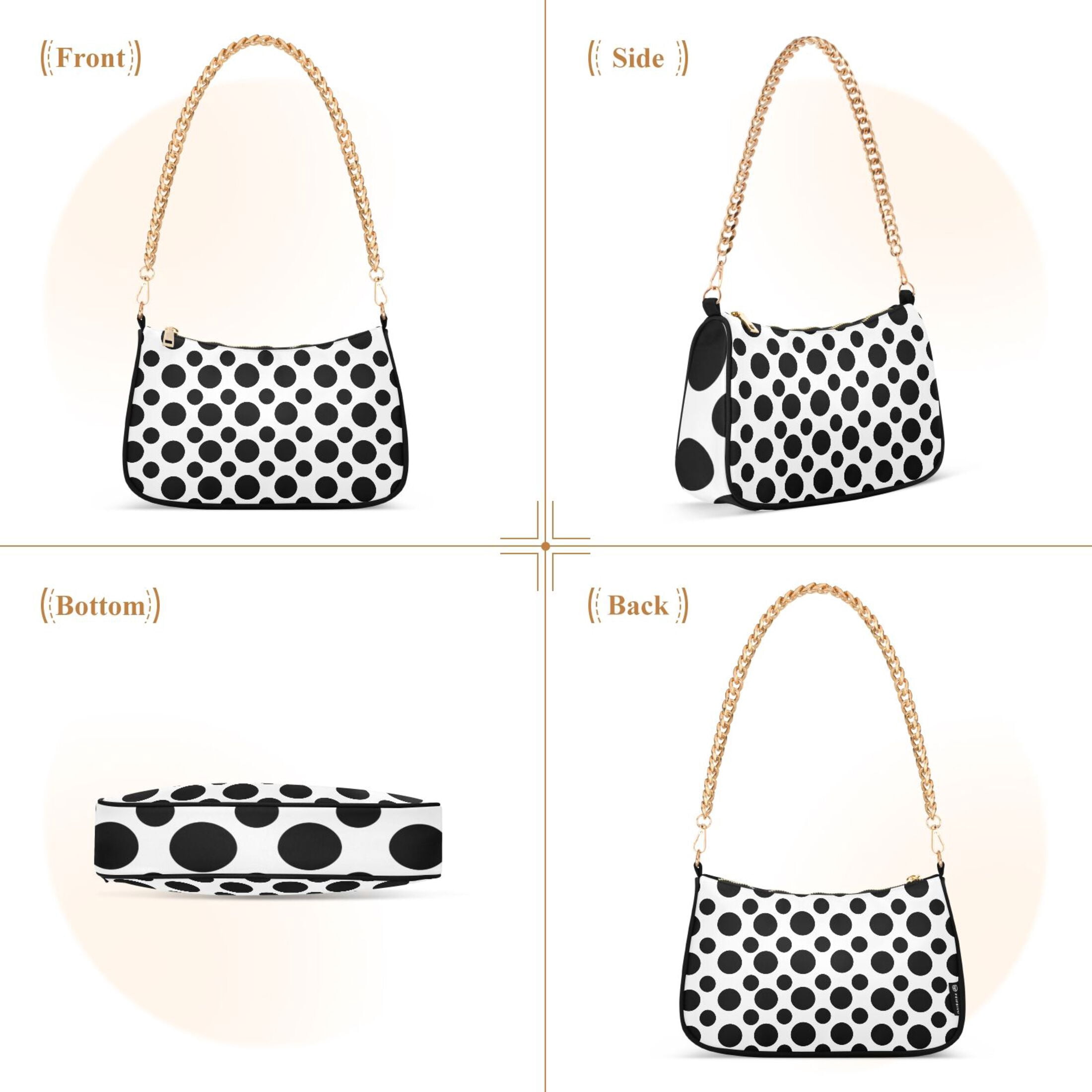 Womens Chain Shoulder Bag Black Polka Dots on White Classic Tote Handbags Fashion Clutch Hobo Purse with Zipper for Travel Casual