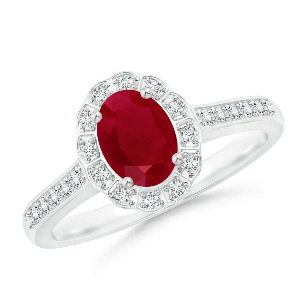 Angara - July Birthstone Ring - Vintage Style Ruby & Diamond Scalloped