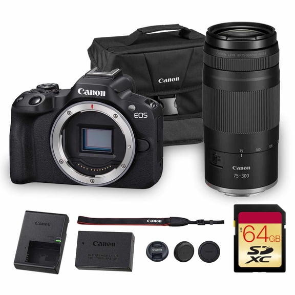 Canon EOS R50 Mirrorless Camera | 24.2MP APS-C, 4K 30p Video, Dual Pixel AF II, 15fps Burst, Vari-Angle Screen, Compact Beginner Vlogging Camera (5811C002)   Canon RF 75-300mm Lens   Bag   64GB Card