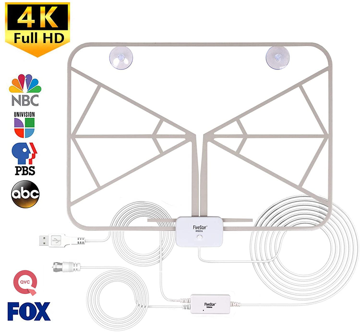 Five Star Amplified HD Tv Indoor Antenna 100 range - Support 4K 1080p Tv Stick HDTV with AC FCC Adapter