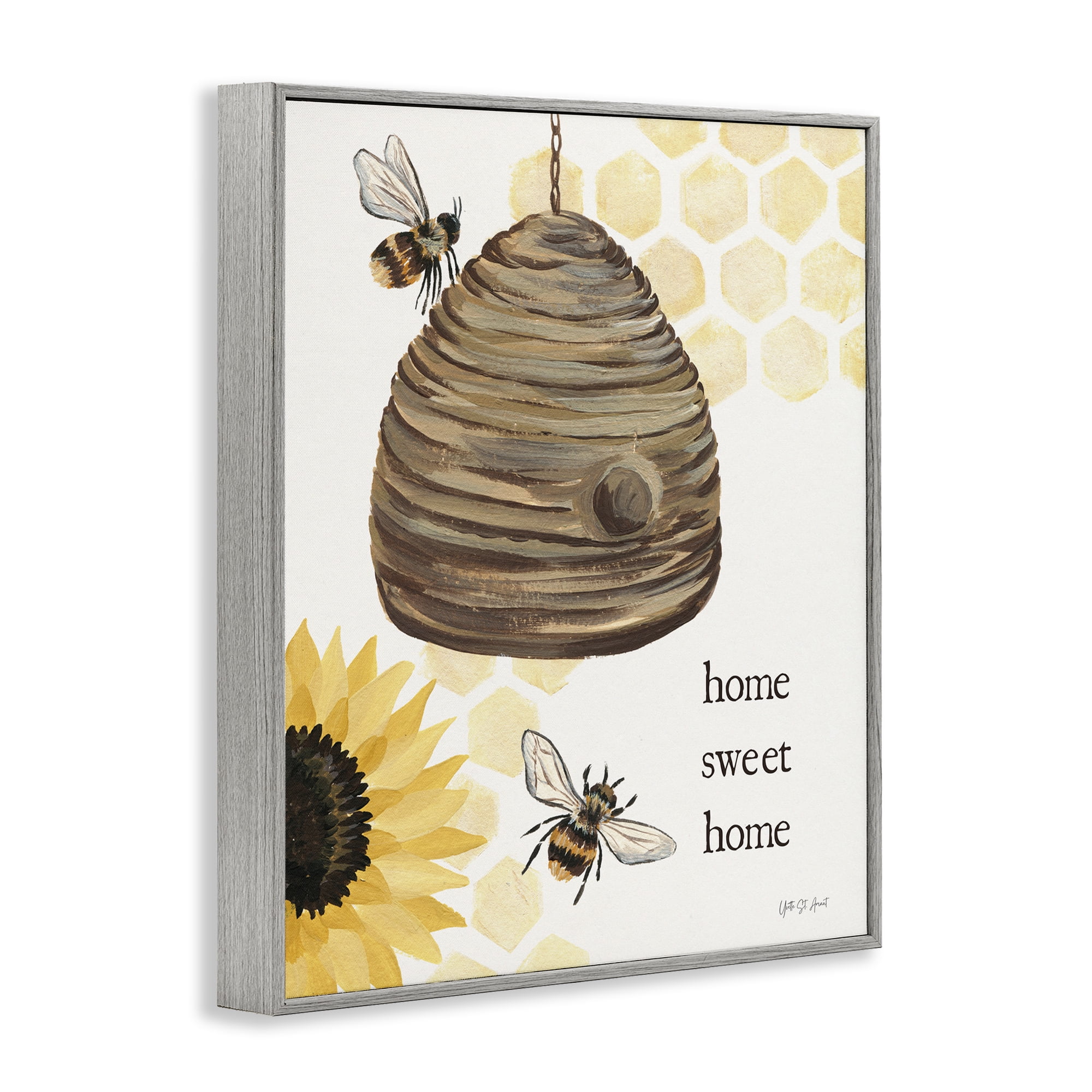 Stupell Industries Sweet Home on Honeycomb Botanical & Floral Painting Gray Framed Art Print Wall Art, 24 x 30