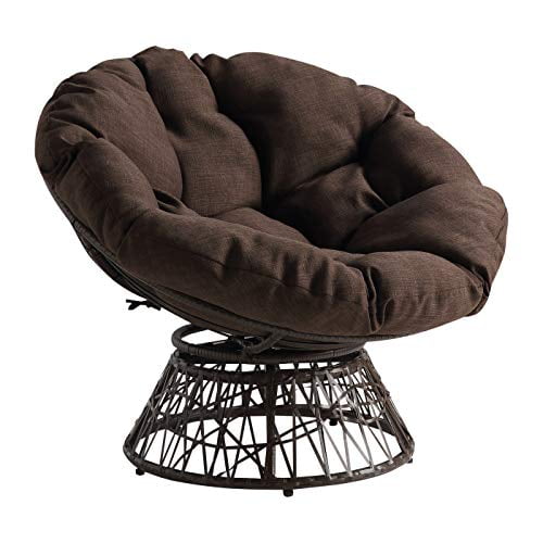 OSP Home Furnishings Wicker Papasan Chair with 360-Degree Swivel, Brown Frame with Brown Cushion