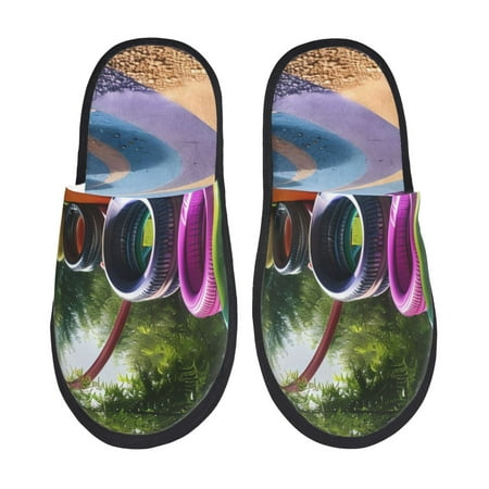 Balery Colorful Tire Tunnel Park Slient Indoor Furry Fleece Comfort House Shoes Soft Non-Slip Home Shoes Cotton slippers House Slippers-- Medium