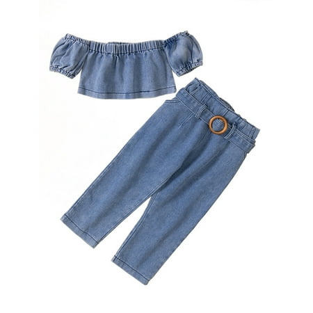 

aturustex Toddler Girl Outfits Suit Off-shoulder Short Sleeve Crop Tops High Waist Jeans with Belt Denim Clothes Set