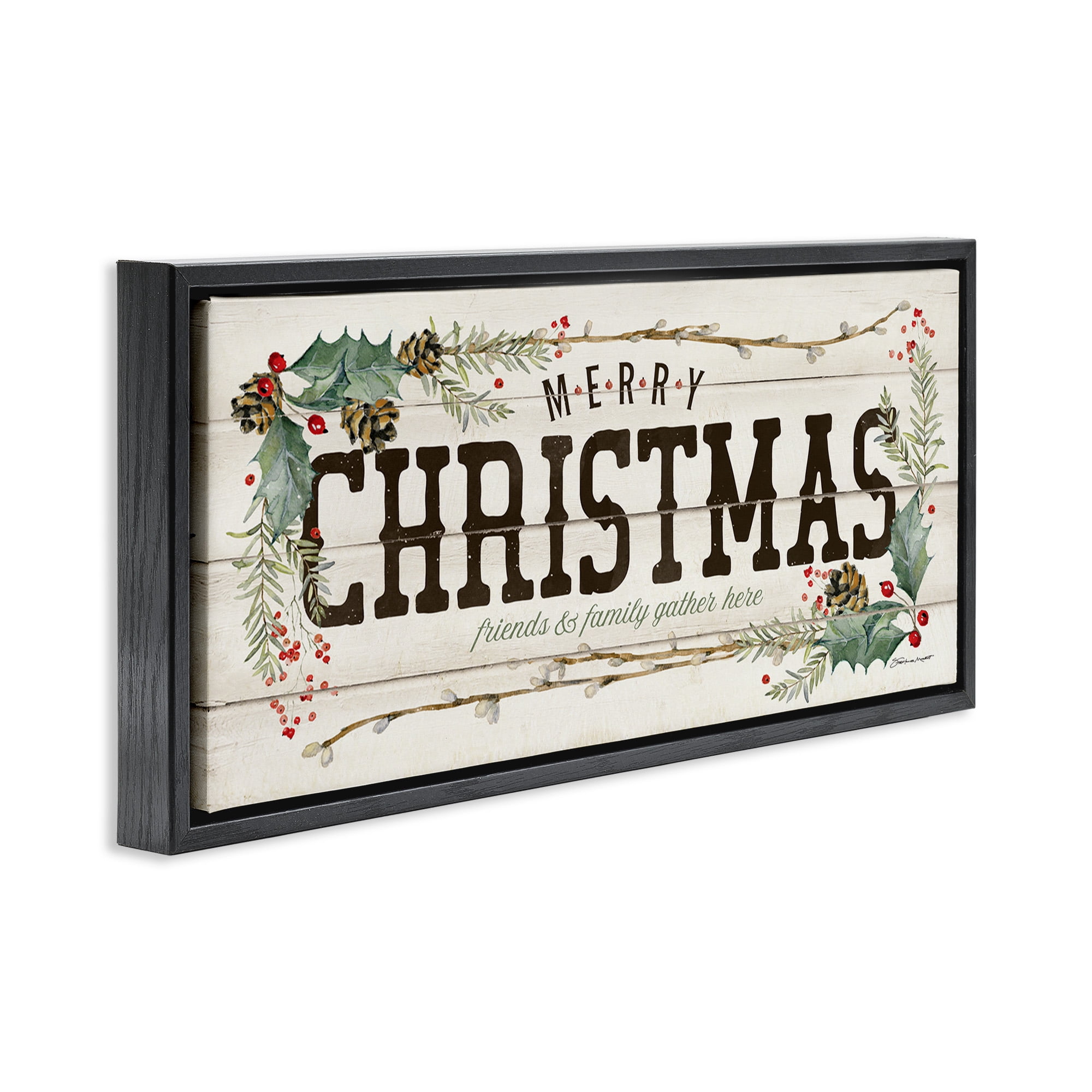 Stupell Industries Merry Christmas Friends & Family Holiday Painting Black Floater Framed Canvas Art Print Wall Art, 25 x 11