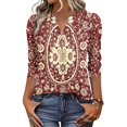 thumbnail image 2 of Domzest V Neck Tops for Women 3/4 Sleeve Boho Floral Print Pleated Button Down Shirts Loose Fit Tunic Blouse Red S, 2 of 6