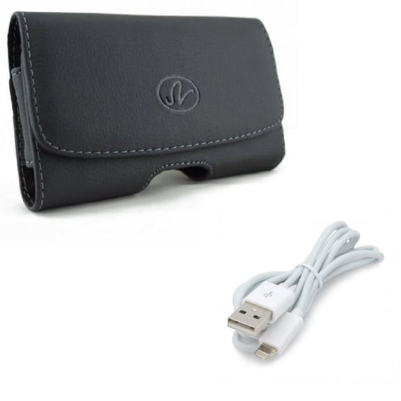 Leather Case Belt Clip w Charger Cord USB Cable for iPhone XS Max/8 PLUS/7 Plus/6S Plus/6 Plus - Swivel Holster Loops Cover Pouch and Power Wire Sync Fast Charge Data
