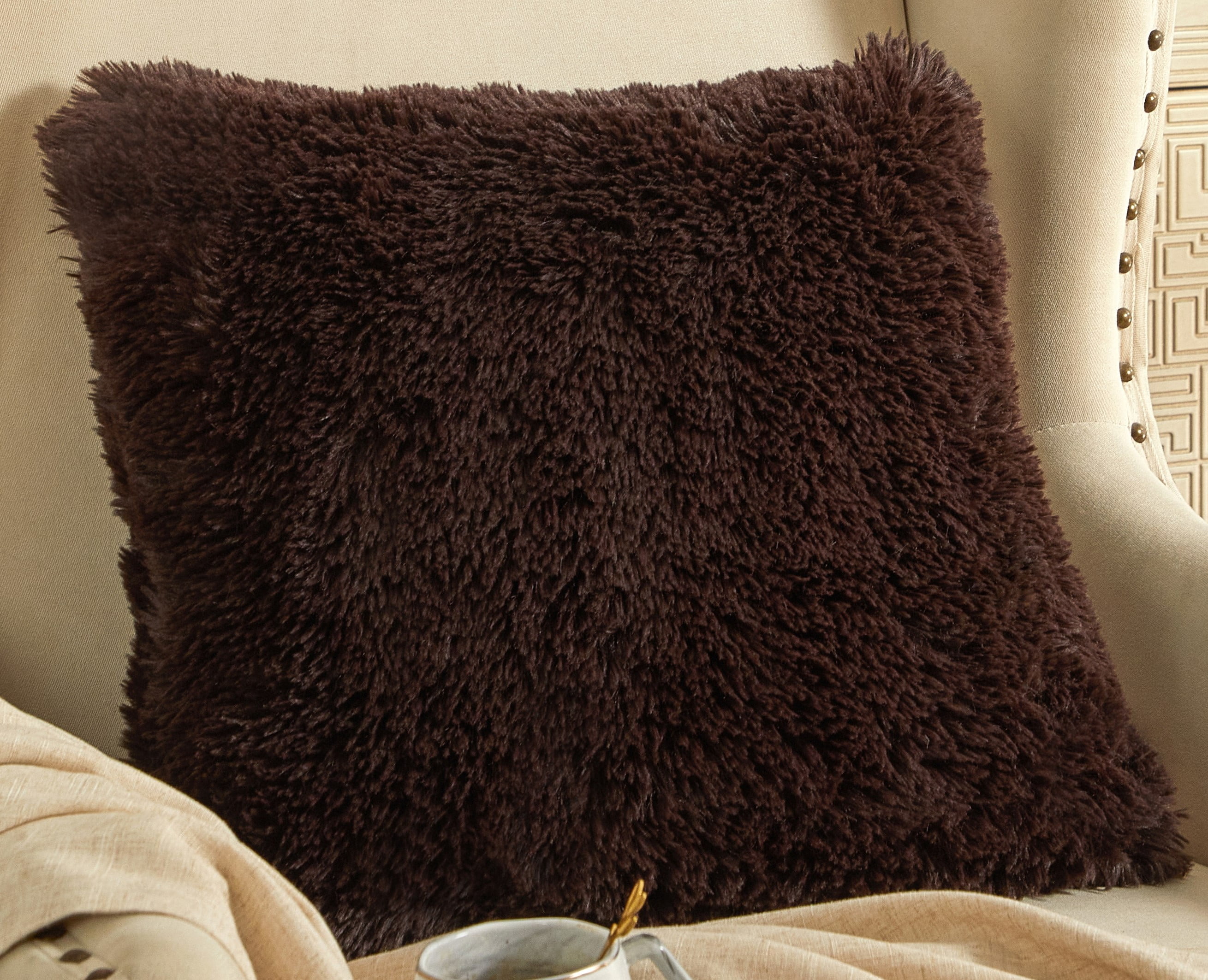Mainstays Super Lux Shag Faux Fur Brown Pillow, 19 in x 19 in, Square