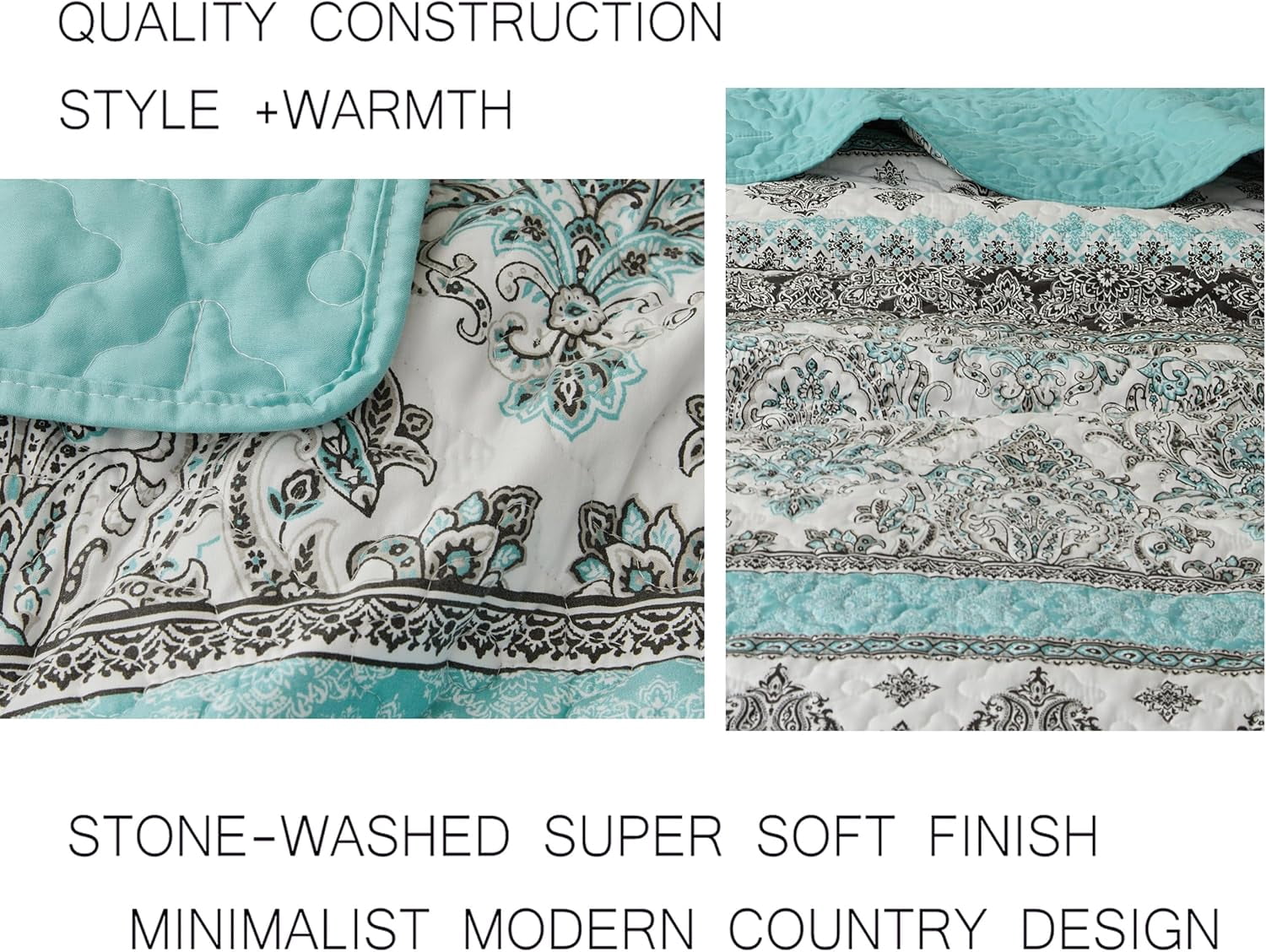 Chezmoi Collection Herald 3-Piece Printed Quilt Set, Aqua Blue Black White Boho Damask Coverlet, Pre-Washed Microfiber Lightweight Bedspread for All Seasons, King Size